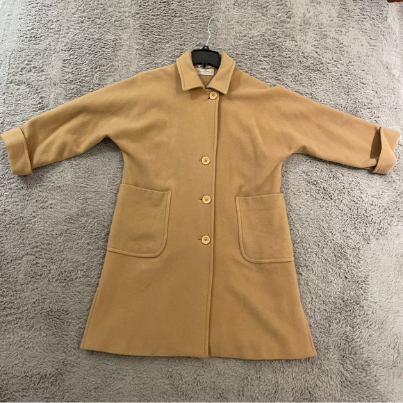 Vintage Sandro Camel 100% Wool Tan Peacoat Overcoat Women's Size 12 - Picture 1 of 12